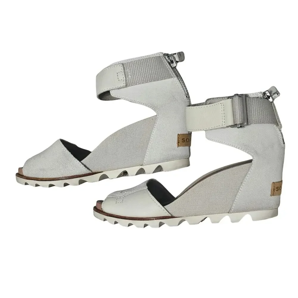 Cream Sorel Joanie Sandal Leather Wedge Heels Ankle Strap Open Toe Size 6.5